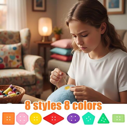 200 Pcs Shape Buttons, Colorful Buttons for Crafts Assorted Shapes, Big Button Set with 20 Strings Large Geometric Plastic Sewing Supplies for DIY Art Projects Educational Activities in Kuwait