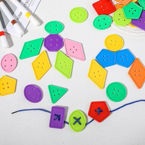 200 Pcs Shape Buttons, Colorful Buttons for Crafts Assorted Shapes, Big Button Set with 20 Strings Large Geometric Plastic Sewing Supplies for DIY Art Projects Educational Activities in Kuwait