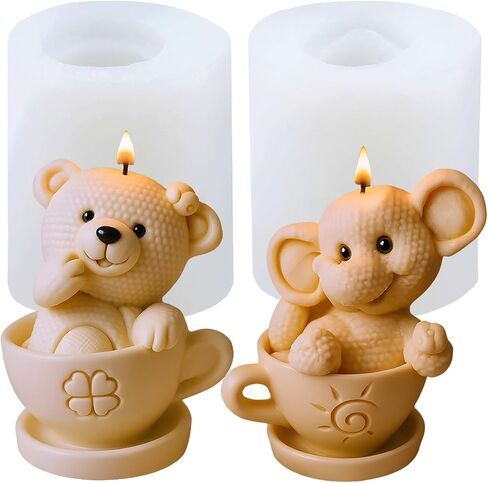 Cup Elephant Shape Candle Mold Cup Bear Shape Silicone Candle Molds for Candles Making Resin Casting Aromatherapy Candles Handmade Wax Home Decor Set of 2 in Saudi Arabia