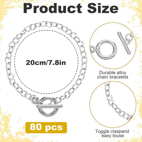 80 Pcs Silver Chain Bracelets Link with OT Toggle Clasps - Bulk Charm Bracelets for Women, Alloy Minimalist Jewelry Making Supplies for DIY Craft Projects and Gift Giving in Saudi Arabia