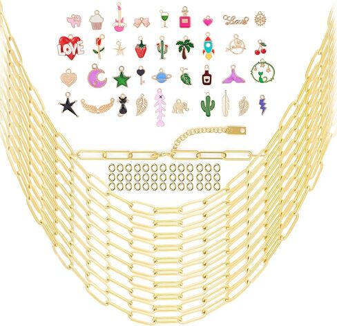 10PCS 4mm 18K Gold Plated 16Inch Paperclip Chain Necklace for Women with 10PCS Alloy Charm Gold Satinless Steel Paperclip Charm Necklace Chain Bulk Bow Crown Love Necklaces in Saudi Arabia