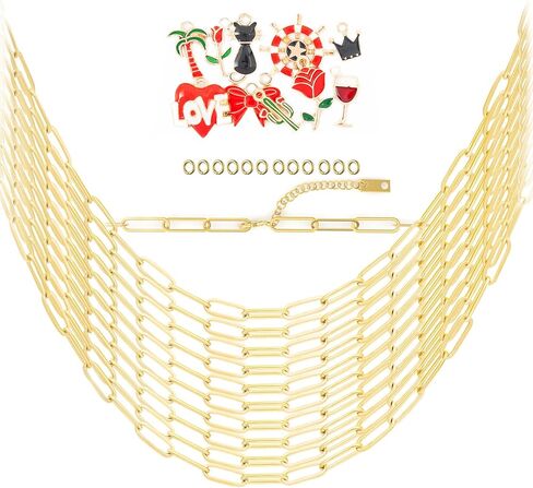 10PCS 4mm 18K Gold Plated 16Inch Paperclip Chain Necklace for Women with 10PCS Alloy Charm Gold Satinless Steel Paperclip Charm Necklace Chain Bulk Bow Crown Love Necklaces in Saudi Arabia