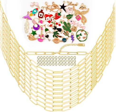 10PCS 4mm 18K Gold Plated 16Inch Paperclip Chain Necklace for Women with 10PCS Alloy Charm Gold Satinless Steel Paperclip Charm Necklace Chain Bulk Bow Crown Love Necklaces in Saudi Arabia