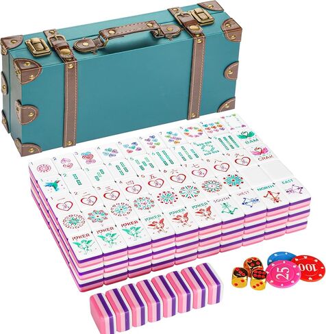 Classic American Mahjong Tile Set, 166 Creative Design 4-Layer Colorful Acrylic Carved Tiles, 3 Golden Dice,100 Chips, Vintage Classic Leather Portable Travel Case in Saudi Arabia