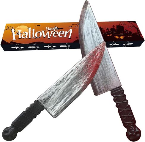 قطعتان من دعامة سكين الهالوين المزيفة، سكين مزيف، دعائم الرعب الكلاسيكية للهالوين تقتل دعامة سكين الجزار (فضي + أحمر) in Kuwait