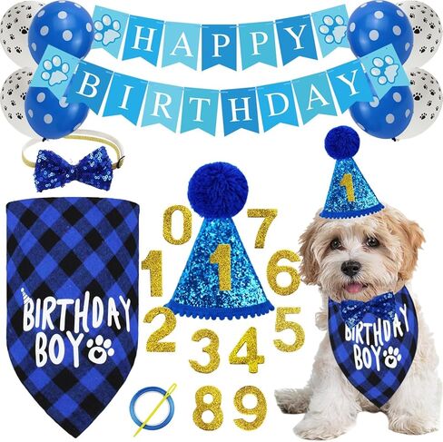 14 Pcs Dog Blue Birthday Outfit Party Supplies Set Boy Girl Cute Dog Hat Bow Tie Triangle Drool Towel Ribbon 0-9 Digital Collar Large Banner 8 Balloons Happy Birthday Decorations in Saudi Arabia