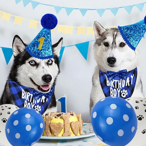 14 Pcs Dog Blue Birthday Outfit Party Supplies Set Boy Girl Cute Dog Hat Bow Tie Triangle Drool Towel Ribbon 0-9 Digital Collar Large Banner 8 Balloons Happy Birthday Decorations in Saudi Arabia