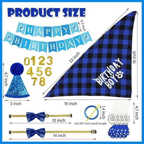 14 Pcs Dog Blue Birthday Outfit Party Supplies Set Boy Girl Cute Dog Hat Bow Tie Triangle Drool Towel Ribbon 0-9 Digital Collar Large Banner 8 Balloons Happy Birthday Decorations in Saudi Arabia