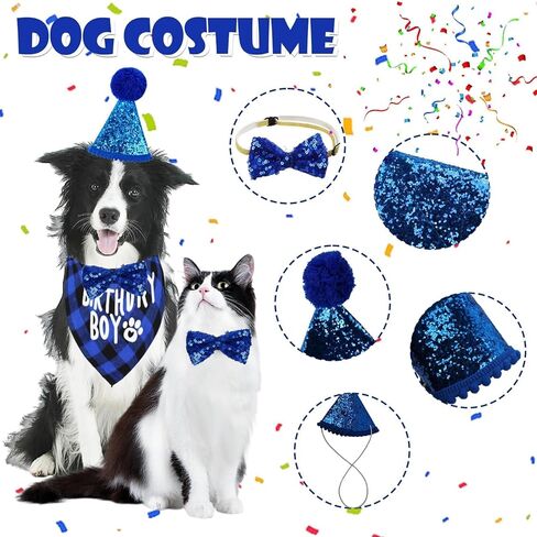 14 Pcs Dog Blue Birthday Outfit Party Supplies Set Boy Girl Cute Dog Hat Bow Tie Triangle Drool Towel Ribbon 0-9 Digital Collar Large Banner 8 Balloons Happy Birthday Decorations in Saudi Arabia