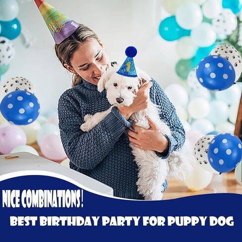 14 Pcs Dog Blue Birthday Outfit Party Supplies Set Boy Girl Cute Dog Hat Bow Tie Triangle Drool Towel Ribbon 0-9 Digital Collar Large Banner 8 Balloons Happy Birthday Decorations in Saudi Arabia