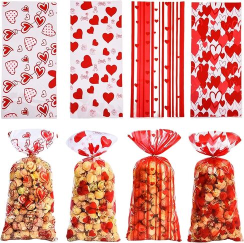 Fuesteoyd Valentines Treat Bags Red Headrt Valentines Party Valentines Cellophane Treat Bags with Twists Mixed Love Heart Plastic Bag for Snacks Cookies Candy Gift Favor Packing 50Pcs in Saudi Arabia