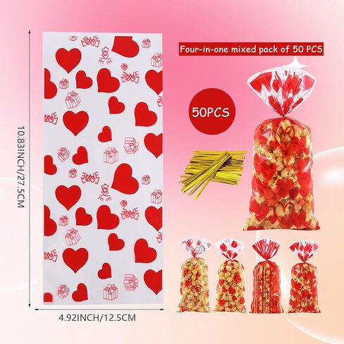 Fuesteoyd Valentines Treat Bags Red Headrt Valentines Party Valentines Cellophane Treat Bags with Twists Mixed Love Heart Plastic Bag for Snacks Cookies Candy Gift Favor Packing 50Pcs in Saudi Arabia
