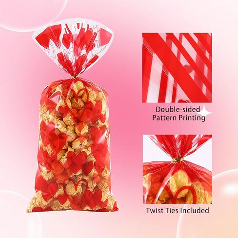 Fuesteoyd Valentines Treat Bags Red Headrt Valentines Party Valentines Cellophane Treat Bags with Twists Mixed Love Heart Plastic Bag for Snacks Cookies Candy Gift Favor Packing 50Pcs in Saudi Arabia