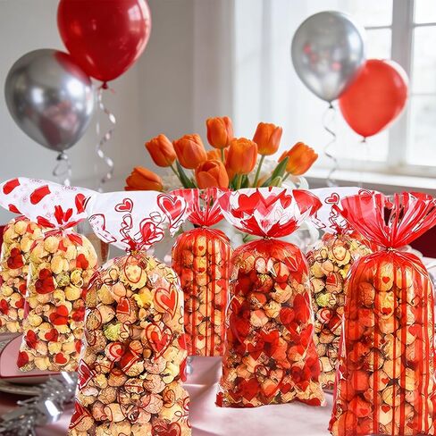 Fuesteoyd Valentines Treat Bags Red Headrt Valentines Party Valentines Cellophane Treat Bags with Twists Mixed Love Heart Plastic Bag for Snacks Cookies Candy Gift Favor Packing 50Pcs in Saudi Arabia