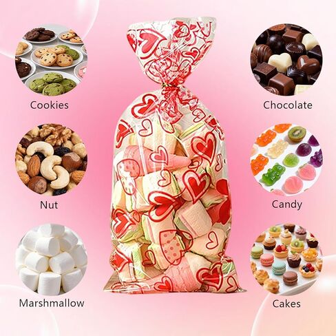 Fuesteoyd Valentines Treat Bags Red Headrt Valentines Party Valentines Cellophane Treat Bags with Twists Mixed Love Heart Plastic Bag for Snacks Cookies Candy Gift Favor Packing 50Pcs in Saudi Arabia