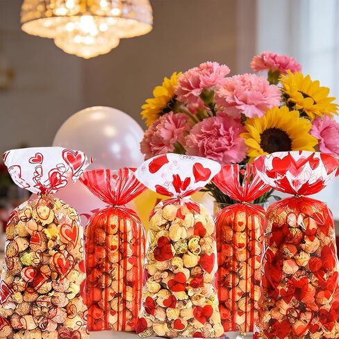 Fuesteoyd Valentines Treat Bags Red Headrt Valentines Party Valentines Cellophane Treat Bags with Twists Mixed Love Heart Plastic Bag for Snacks Cookies Candy Gift Favor Packing 50Pcs in Saudi Arabia