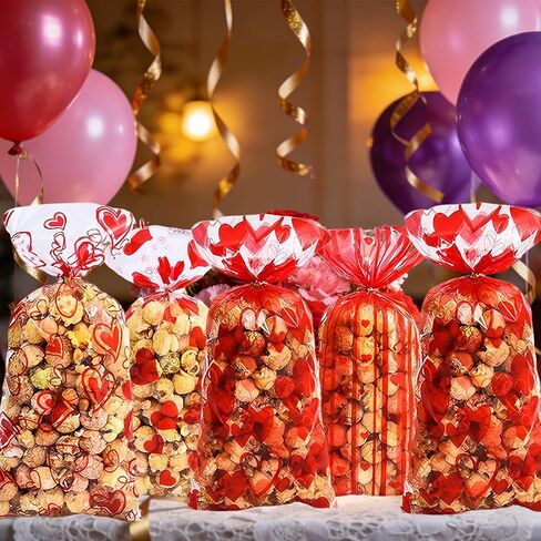Fuesteoyd Valentines Treat Bags Red Headrt Valentines Party Valentines Cellophane Treat Bags with Twists Mixed Love Heart Plastic Bag for Snacks Cookies Candy Gift Favor Packing 50Pcs in Saudi Arabia