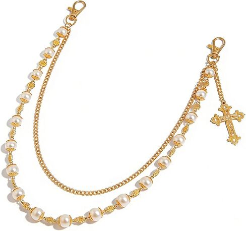 Layered Pearl Cross Pants Chains - Exquisite Gold Jean Pocket Chain Rhinestone Flower Chain for Women Men, Cute Bag Purse Charms Jewelry in Saudi Arabia