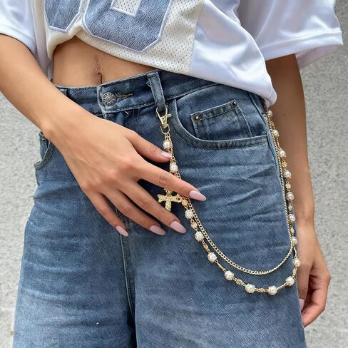 Layered Pearl Cross Pants Chains - Exquisite Gold Jean Pocket Chain Rhinestone Flower Chain for Women Men, Cute Bag Purse Charms Jewelry in Saudi Arabia