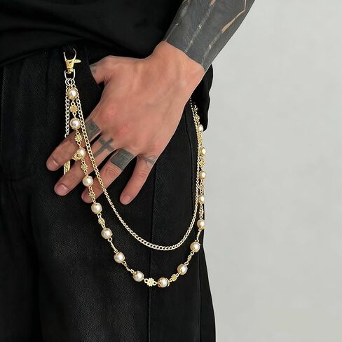 Layered Pearl Cross Pants Chains - Exquisite Gold Jean Pocket Chain Rhinestone Flower Chain for Women Men, Cute Bag Purse Charms Jewelry in Saudi Arabia