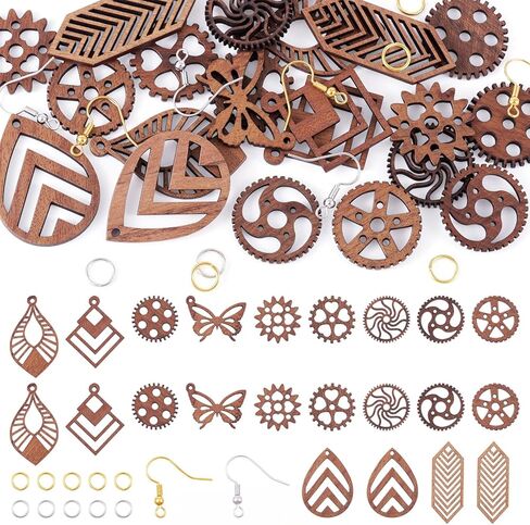 KISSITTY 22Pcs Wood Dangle Earring Kits Butterfly Heart Star Teardrop Shape Pendants Charm with Earring Hooks Jump Rings for Necklace DIY Craft Boho Jewelry Making Supplies for Women in Saudi Arabia