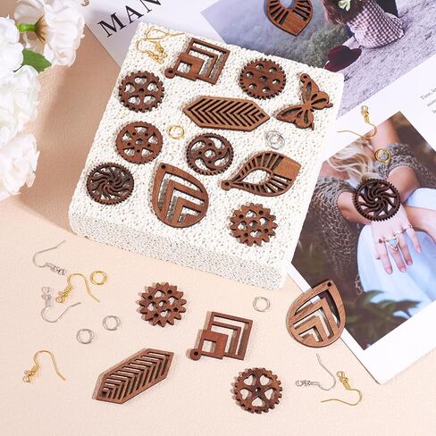 KISSITTY 22Pcs Wood Dangle Earring Kits Butterfly Heart Star Teardrop Shape Pendants Charm with Earring Hooks Jump Rings for Necklace DIY Craft Boho Jewelry Making Supplies for Women in Saudi Arabia