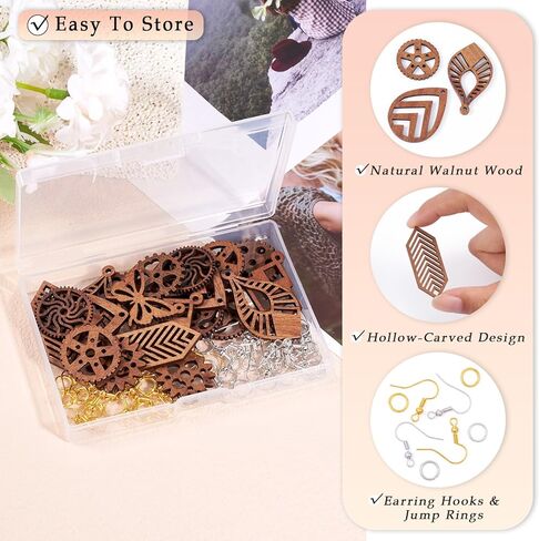 KISSITTY 22Pcs Wood Dangle Earring Kits Butterfly Heart Star Teardrop Shape Pendants Charm with Earring Hooks Jump Rings for Necklace DIY Craft Boho Jewelry Making Supplies for Women in Saudi Arabia