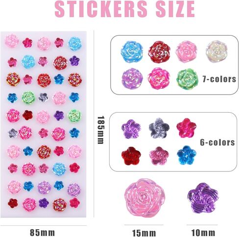 Gem Rhinestones Kids Self Adhesive Acrylic Bling Rose Flower Shapes Jewels Rhinestones Small Stickers for for Body, Face, Makeup and Craft DIY Decorations﻿(350Pcs, 7 Sheets) in Saudi Arabia