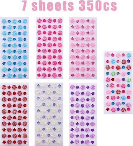 Gem Rhinestones Kids Self Adhesive Acrylic Bling Rose Flower Shapes Jewels Rhinestones Small Stickers for for Body, Face, Makeup and Craft DIY Decorations﻿(350Pcs, 7 Sheets) in Saudi Arabia