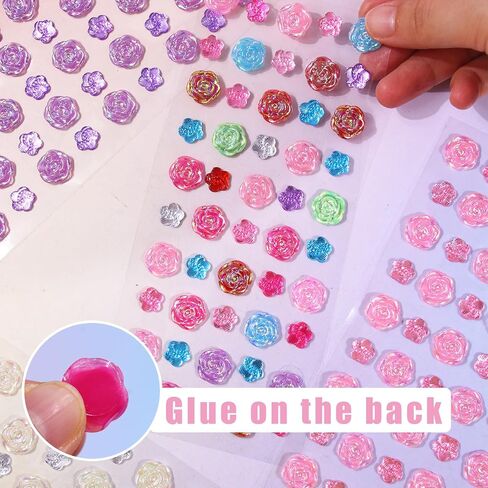 Gem Rhinestones Kids Self Adhesive Acrylic Bling Rose Flower Shapes Jewels Rhinestones Small Stickers for for Body, Face, Makeup and Craft DIY Decorations﻿(350Pcs, 7 Sheets) in Saudi Arabia