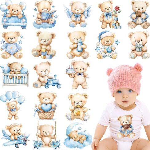 Bear Baby Baby Iron on Transfers, 20 Pcs Blue Bear Onesie Decorating Kit Baby Shower Decor, Heat Transfer Vinyl for Bag Pillow Clothing, DIY Crafts for Boys Kids in Saudi Arabia