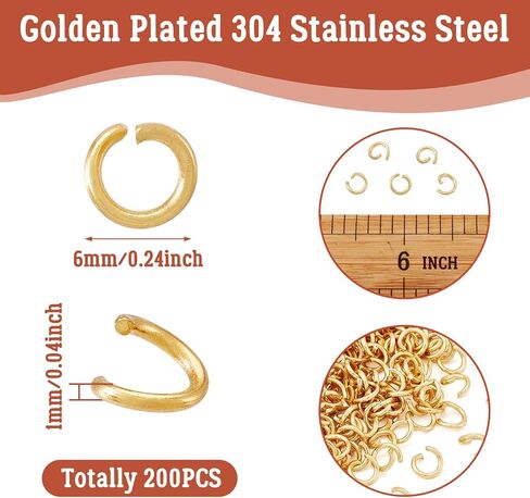 200Pcs Real 24K Gold Plated Stainless Steel Open Jump Rings 18 Gauge 6x1mm Metal Connectors Rings for DIY Jewelry Crafting Keychain Accessories in Saudi Arabia