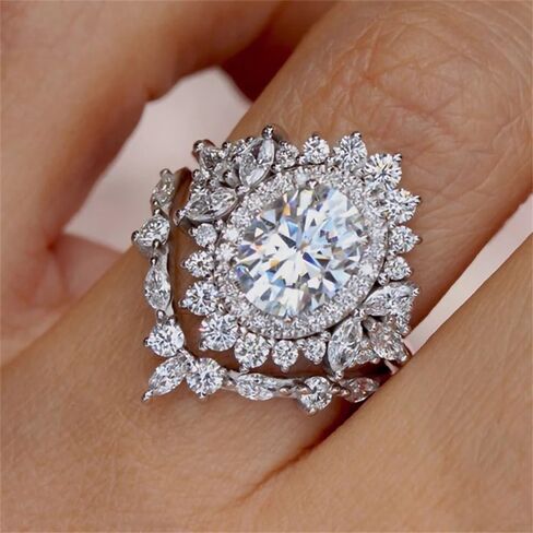 925 Sterling Silver Shiny Full Diamond Gemstone Ring 2PCS 18K Gold Round Cut Cubic Zirconia Promise Rings CZ Diamond Multi Row Rings Eternity Engagement Wedding Party Band Ring Sets for Women A.38 (6) in Saudi Arabia