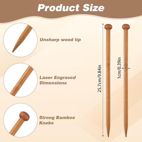 Bamboo Knitting Needles Set Large Size Straight Single Pointed Knitting Needles 10 Inch Long Wooden Sweater Thick Knitting Needle for Beginners, Sock, Scarf, Handmade DIY Knitting & Crochet Supplies in Saudi Arabia
