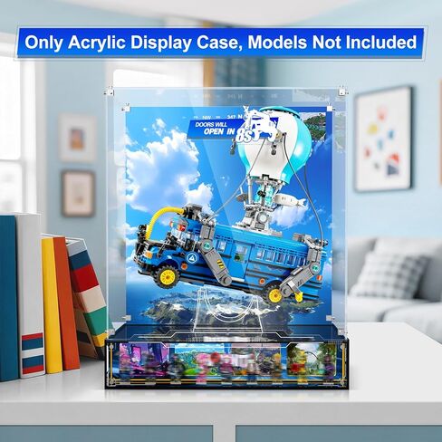Acrylic Display Case Compatible with Lego 77073 Battle Bus - Fortnite Inspired Acrylic Showcase with Floating Stand, Magnetic Door, Printed Background & Minifigure Base - Dustproof, UV Protection in Kuwait