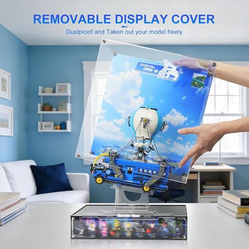 Acrylic Display Case Compatible with Lego 77073 Battle Bus - Fortnite Inspired Acrylic Showcase with Floating Stand, Magnetic Door, Printed Background & Minifigure Base - Dustproof, UV Protection in Kuwait