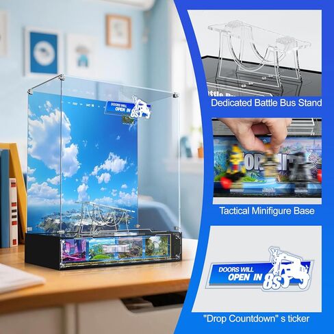 Acrylic Display Case Compatible with Lego 77073 Battle Bus - Fortnite Inspired Acrylic Showcase with Floating Stand, Magnetic Door, Printed Background & Minifigure Base - Dustproof, UV Protection in Kuwait