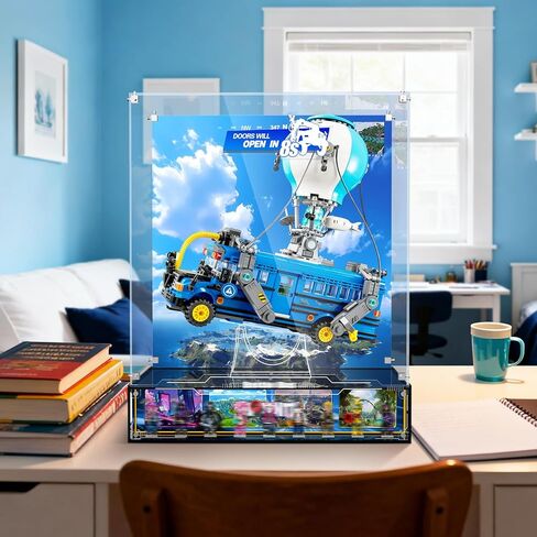 Acrylic Display Case Compatible with Lego 77073 Battle Bus - Fortnite Inspired Acrylic Showcase with Floating Stand, Magnetic Door, Printed Background & Minifigure Base - Dustproof, UV Protection in Kuwait