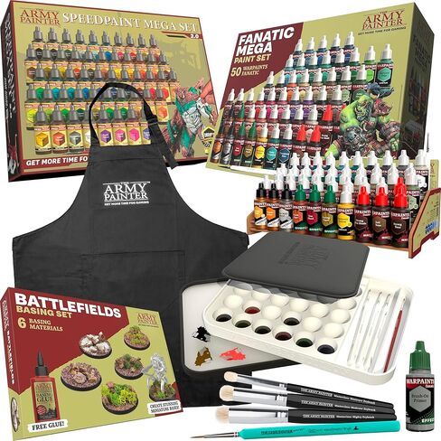The Army Painter, Ultimate Starter Bundle, Incl: Warpaints Fanatic & Speedpaint 2.0 Mega Set, Wet Palette XL, Battlefield Basing, Masterclass DryBrushes, Black Apron, 2 brushes, Brush on primer in Saudi Arabia