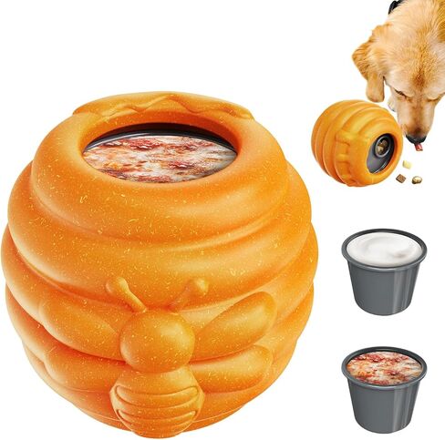 لعبة إثراء الكلاب للمضغ العدواني - لعبة ألغاز تفاعلية للكلاب من أجل الملل - موزع حلوى وعاء العسل من النايلون المتين ومغذي بطيء - لعبة لعق مجمدة مع أكواب قابلة للإزالة، برتقالي in Kuwait