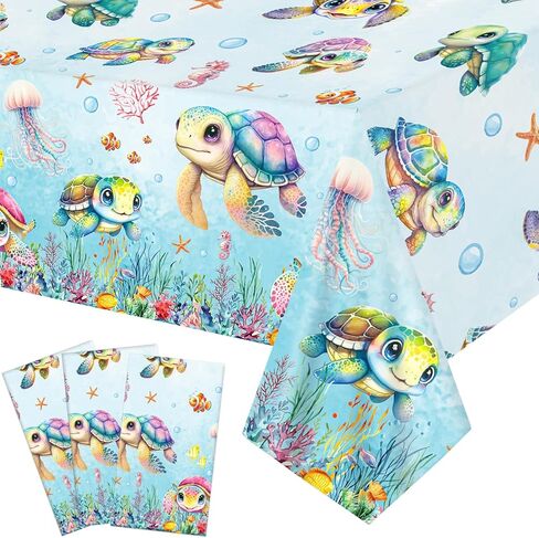 CANDY CHEF Sea Turtle Tablecloth 3 Pcs Ocean Turtle Birthday Party Supplies Plastic Disposable Turtle Theme Table Covers for Under The Sea Party Baby Shower Decorations in Saudi Arabia
