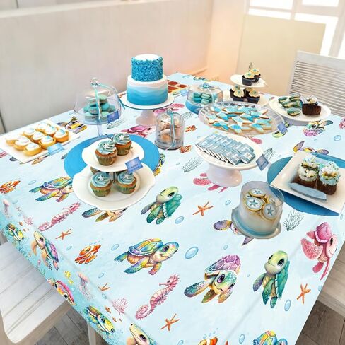 CANDY CHEF Sea Turtle Tablecloth 3 Pcs Ocean Turtle Birthday Party Supplies Plastic Disposable Turtle Theme Table Covers for Under The Sea Party Baby Shower Decorations in Saudi Arabia