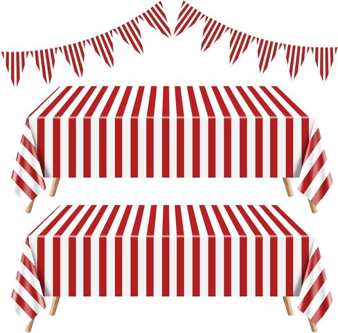 4 Pieces Carnival Theme Party Decors Include Carnival Tablecloths Red White Striped Pennant Banners Circus Bunting Banners Decors for Circus Themed Party, Birthday, Christmas in Saudi Arabia