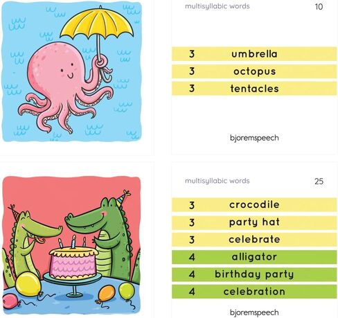 Bjorem Speech® مجموعة كلمات متعددة المقاطع لعلاج النطق - التوحد الشامل والوظيفي والتعليمي، عدم القدرة على الكلام في مرحلة الطفولة، اضطراب صوتي - 78 بطاقة مع 281 كلمة مستهدفة in Kuwait