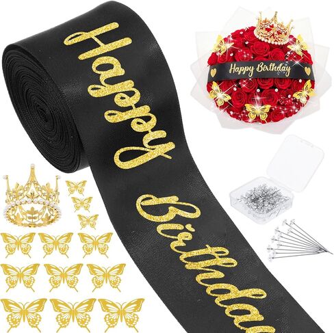 Zeyune 114 Pcs Flower Bouquet Accessories Includes 2 in x 5 Yard Glitter Happy Birthday Satin Ribbon, Gold Bouquet Crown, Butterfly Decor and Rhinestone Flower Pins for Birthday Wedding Baby Shower in Saudi Arabia
