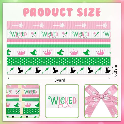 6 PCS 18 Yards Halloween Witch Grosgrain Ribbons 3/8" Witch Decor Ribbon, Pink Green Craft Ribbons for Witch Themed Party Favor Decoration Holiday Halloween Wicked Gift Packaging DIY Supplies in Saudi Arabia