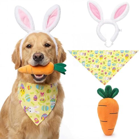 Zeyune 3 Pcs Dog Easter Bunny Outfit Costume Plush Bunny Ear Headband Bandana Carrot Toy for Pet Dog Cat Accessory Headband Bandana Carrot Toy for Pets Easter Themed Party Carnival Halloween Christmas in Saudi Arabia