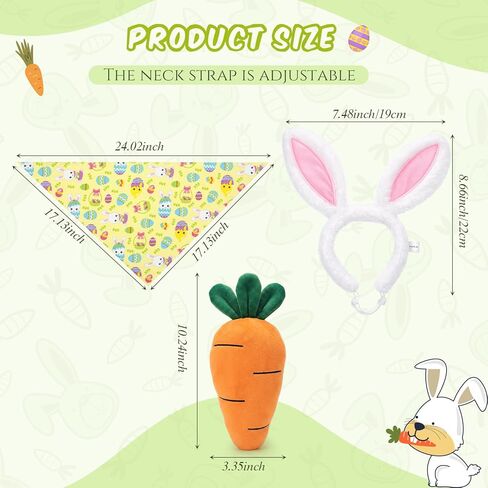 Zeyune 3 Pcs Dog Easter Bunny Outfit Costume Plush Bunny Ear Headband Bandana Carrot Toy for Pet Dog Cat Accessory Headband Bandana Carrot Toy for Pets Easter Themed Party Carnival Halloween Christmas in Saudi Arabia