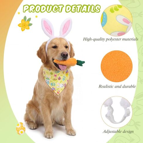Zeyune 3 Pcs Dog Easter Bunny Outfit Costume Plush Bunny Ear Headband Bandana Carrot Toy for Pet Dog Cat Accessory Headband Bandana Carrot Toy for Pets Easter Themed Party Carnival Halloween Christmas in Saudi Arabia
