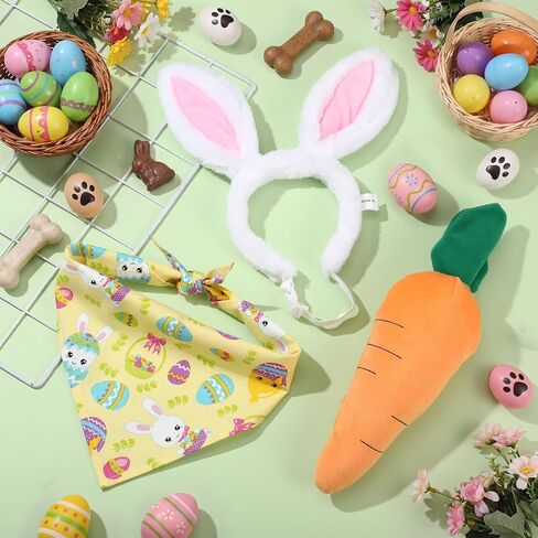 Zeyune 3 Pcs Dog Easter Bunny Outfit Costume Plush Bunny Ear Headband Bandana Carrot Toy for Pet Dog Cat Accessory Headband Bandana Carrot Toy for Pets Easter Themed Party Carnival Halloween Christmas in Saudi Arabia